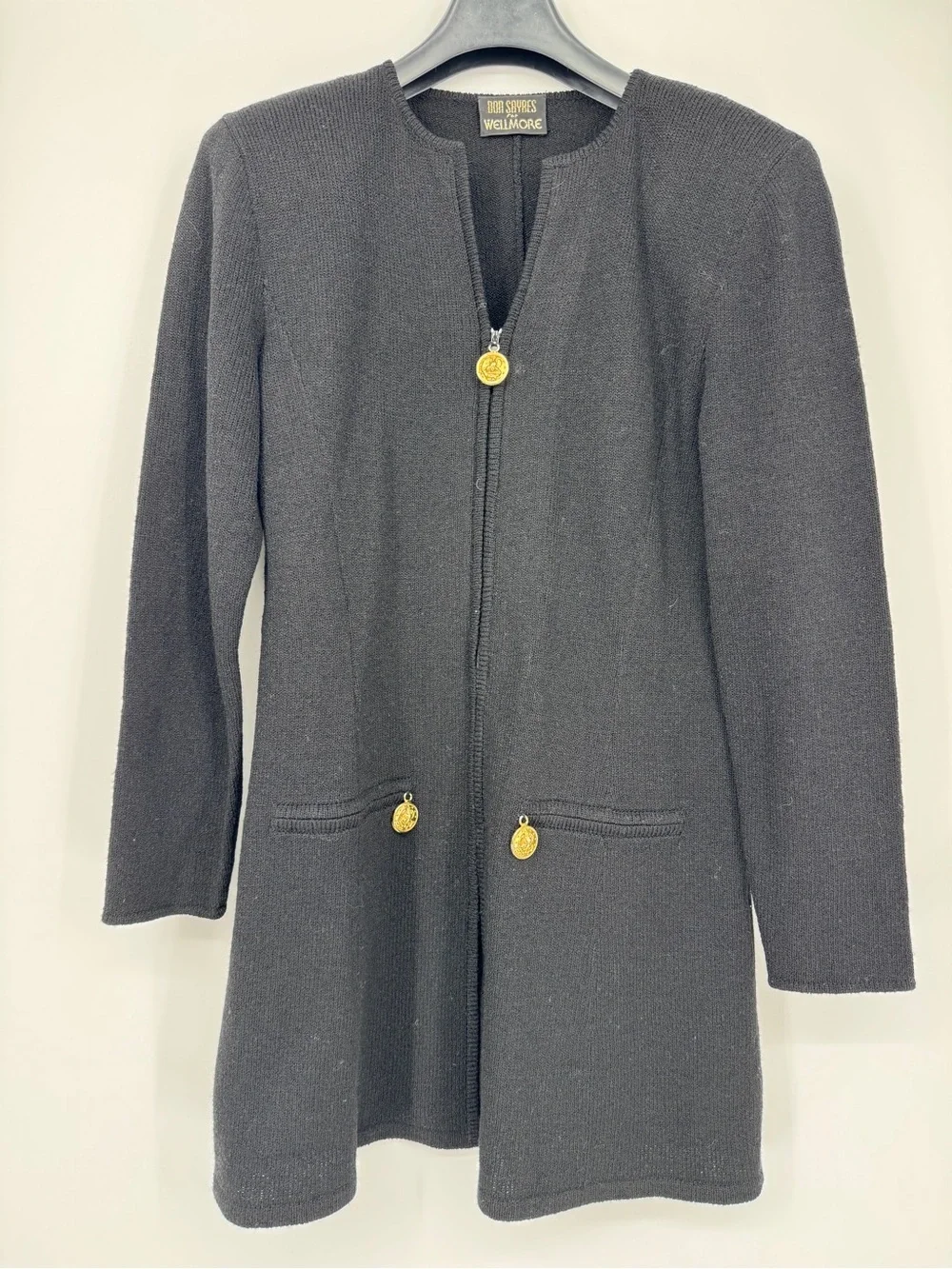 Vintage Don Sayres for Wellmore Black Long Knit Zip Jacket Gold Accents